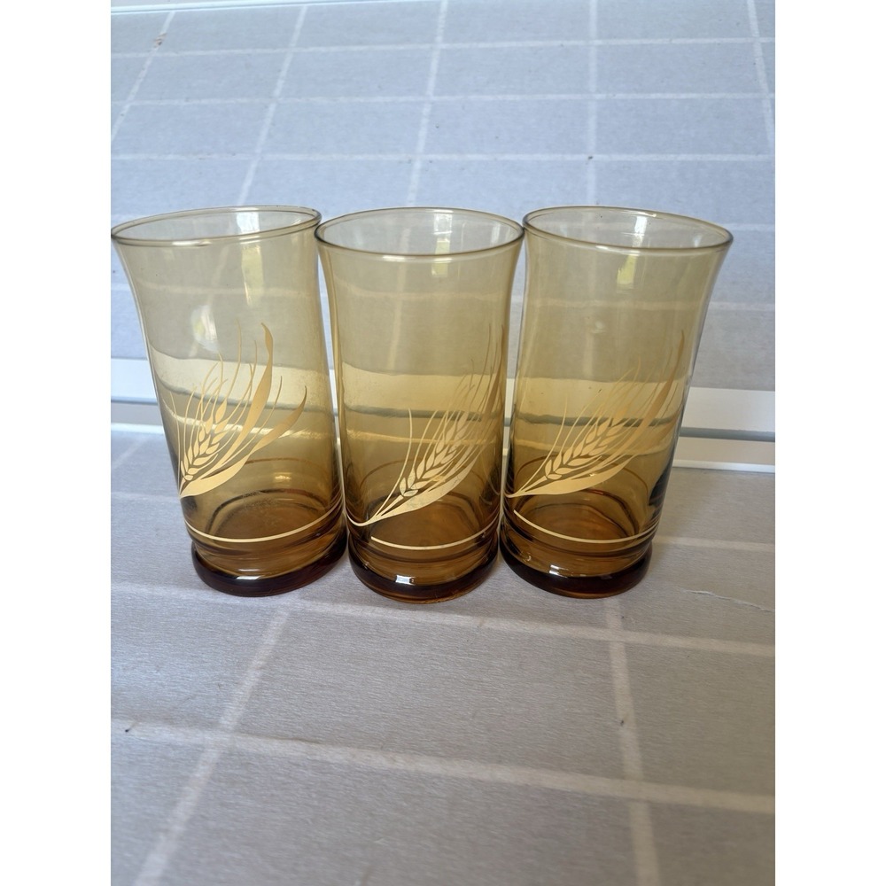 Vintage Libbey Franco Amber Glass Gold Sheaves of Wheat Tumblers - Set of 3 MCM